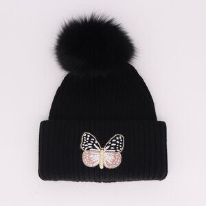 NWT - Yves Salomon Butterfly Knit Pom Beanie - Black❄️🧣